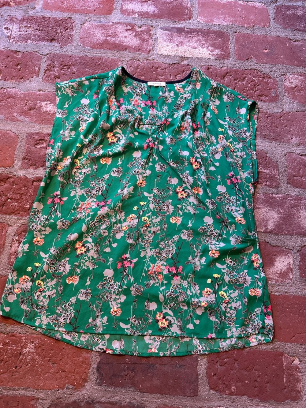 Pleione Green Floral Very Short Sleeve Flowy Blouse Large